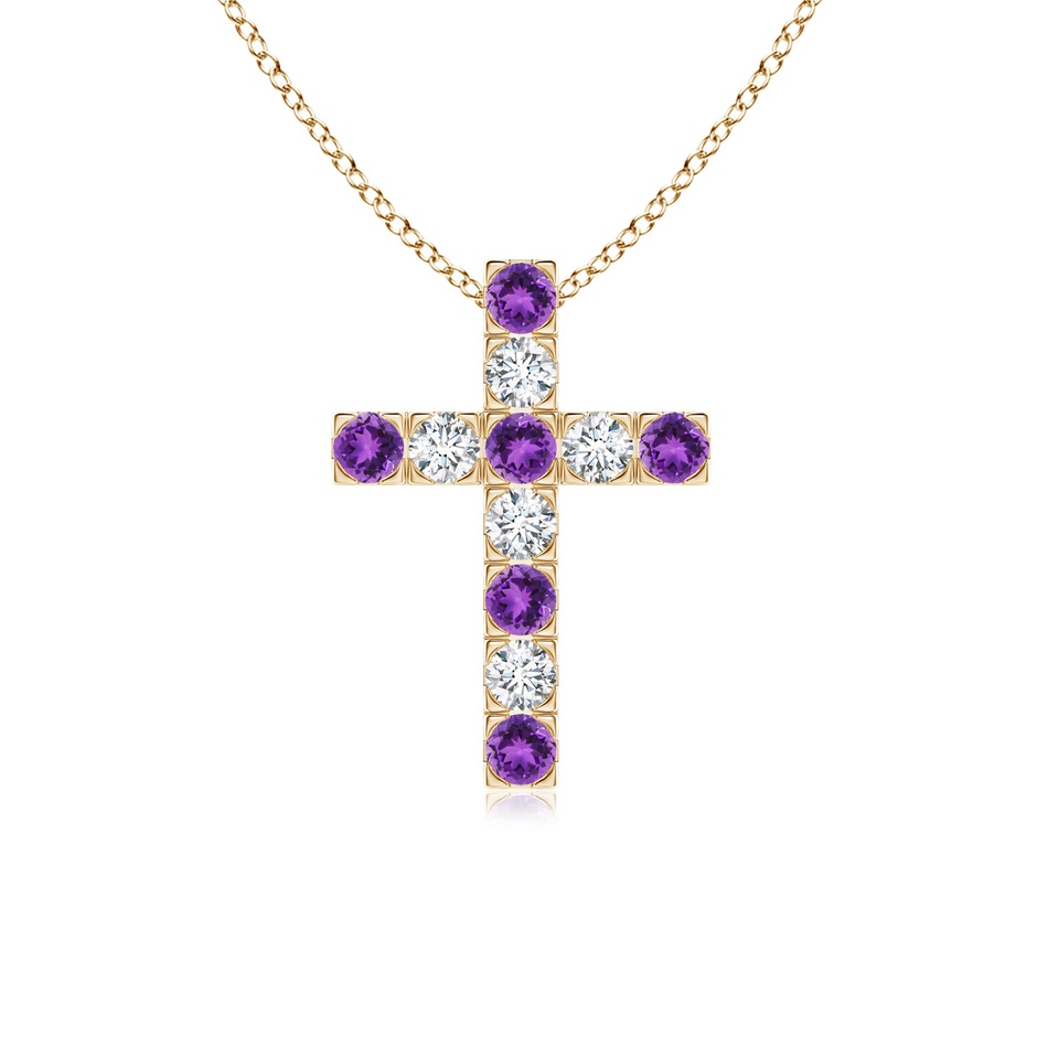 2.5mm AAA Flat Prong-Set Amethyst and Diamond Cross Pendant in Yellow Gold 