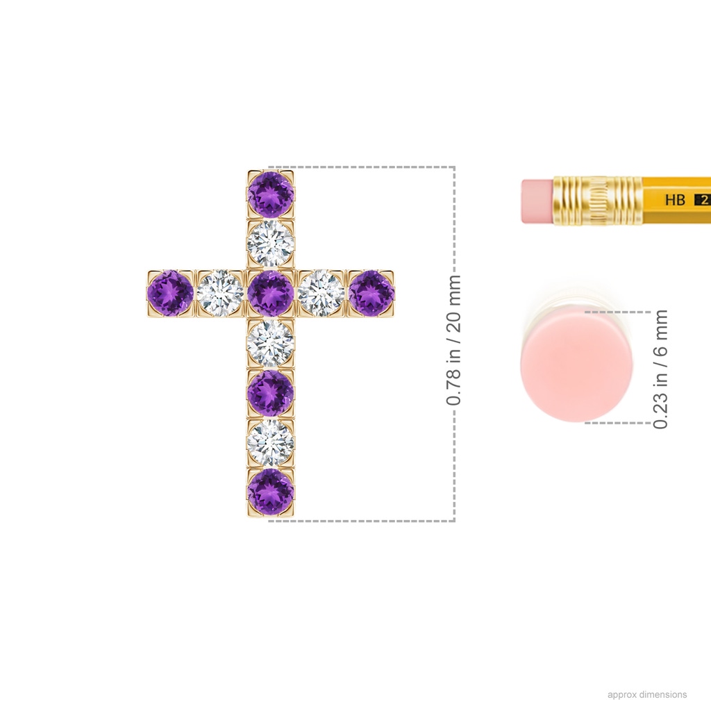 2.5mm AAA Flat Prong-Set Amethyst and Diamond Cross Pendant in Yellow Gold Ruler