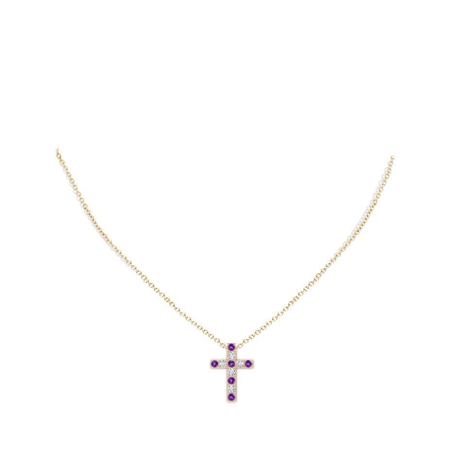 2.5mm AAA Flat Prong-Set Amethyst and Diamond Cross Pendant in Yellow Gold body-neck