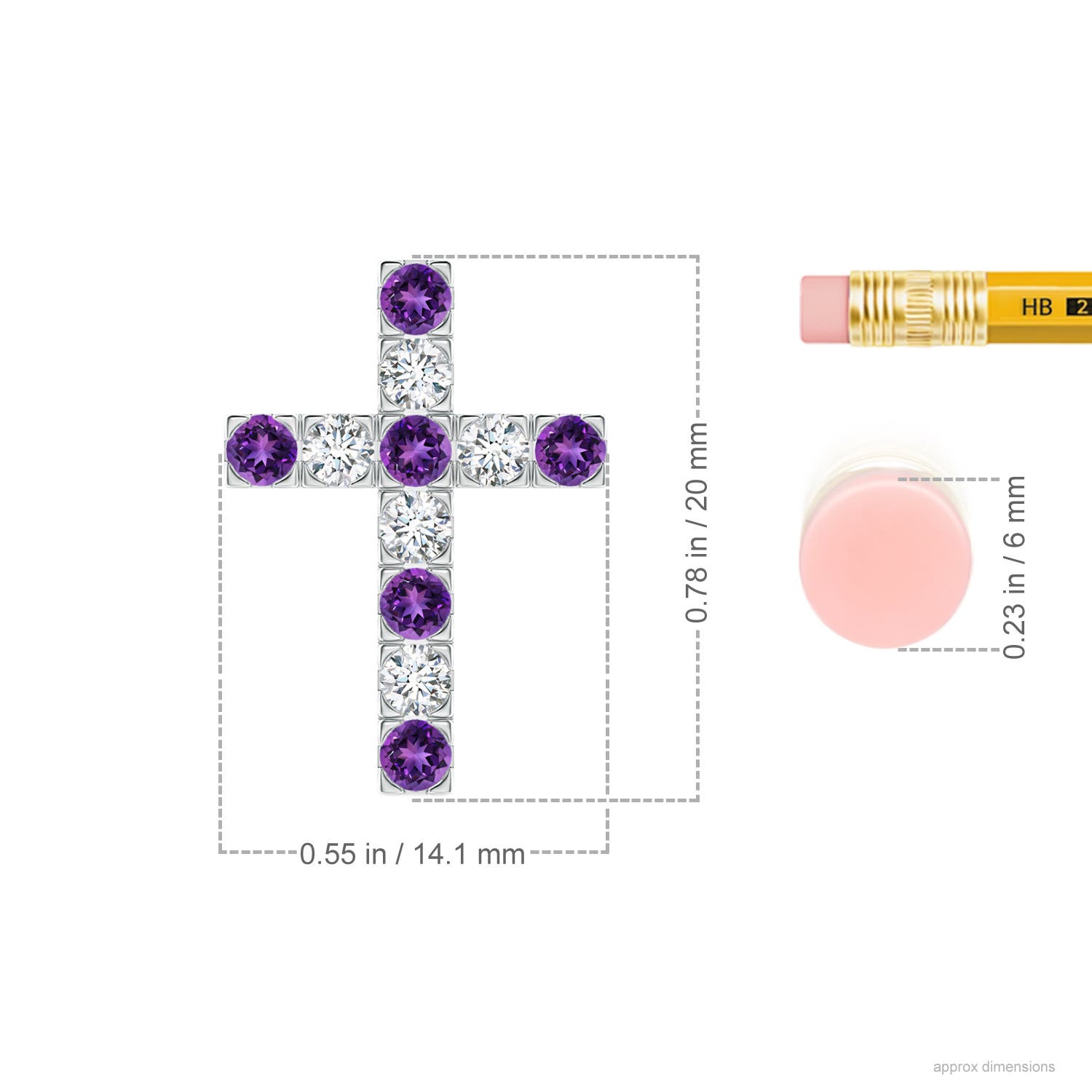 2.5mm AAAA Flat Prong-Set Amethyst and Diamond Cross Pendant in White Gold - ruler