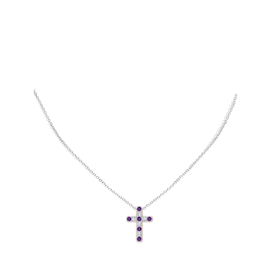 2.5mm AAAA Flat Prong-Set Amethyst and Diamond Cross Pendant in White Gold body-neck