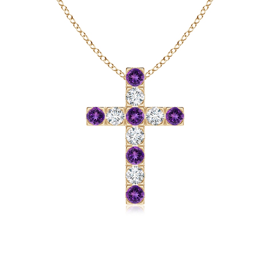 2.5mm AAAA Flat Prong-Set Amethyst and Diamond Cross Pendant in Yellow Gold 