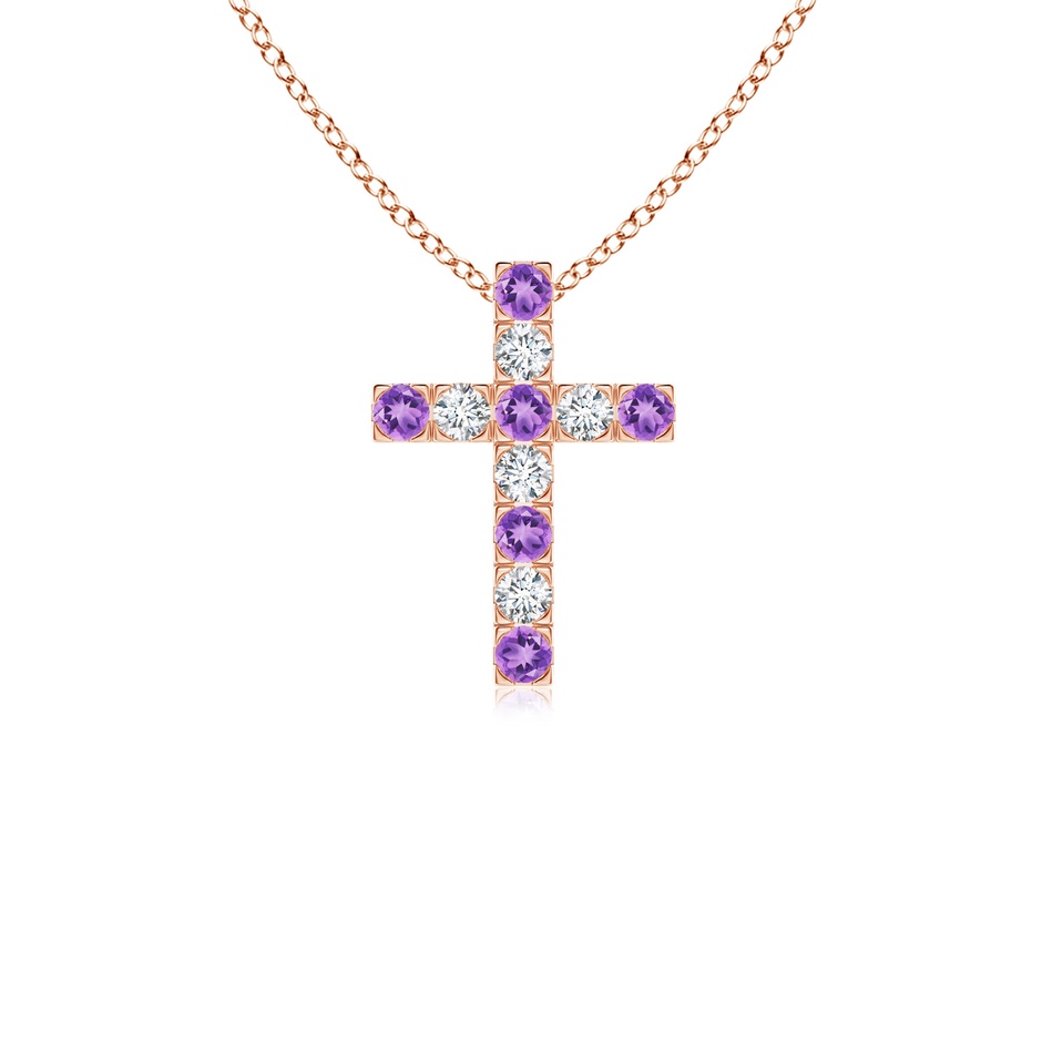 2mm A Flat Prong-Set Amethyst and Diamond Cross Pendant in Rose Gold 