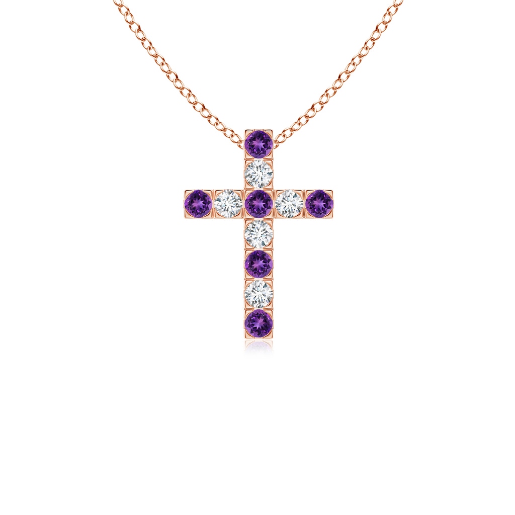 2mm AAAA Flat Prong-Set Amethyst and Diamond Cross Pendant in 18K Rose Gold