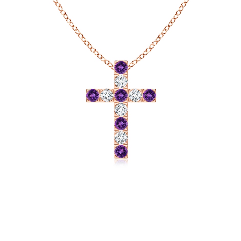 2mm AAAA Flat Prong-Set Amethyst and Diamond Cross Pendant in 18K Rose Gold 