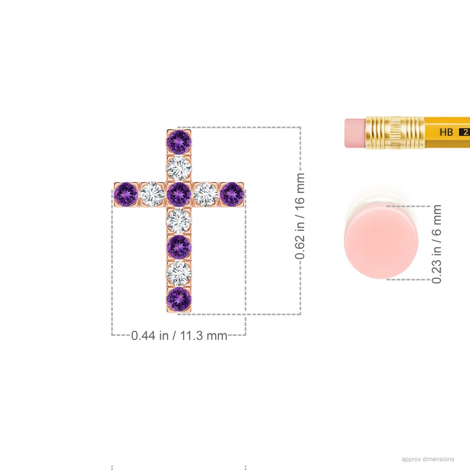 2mm AAAA Flat Prong-Set Amethyst and Diamond Cross Pendant in 18K Rose Gold ruler