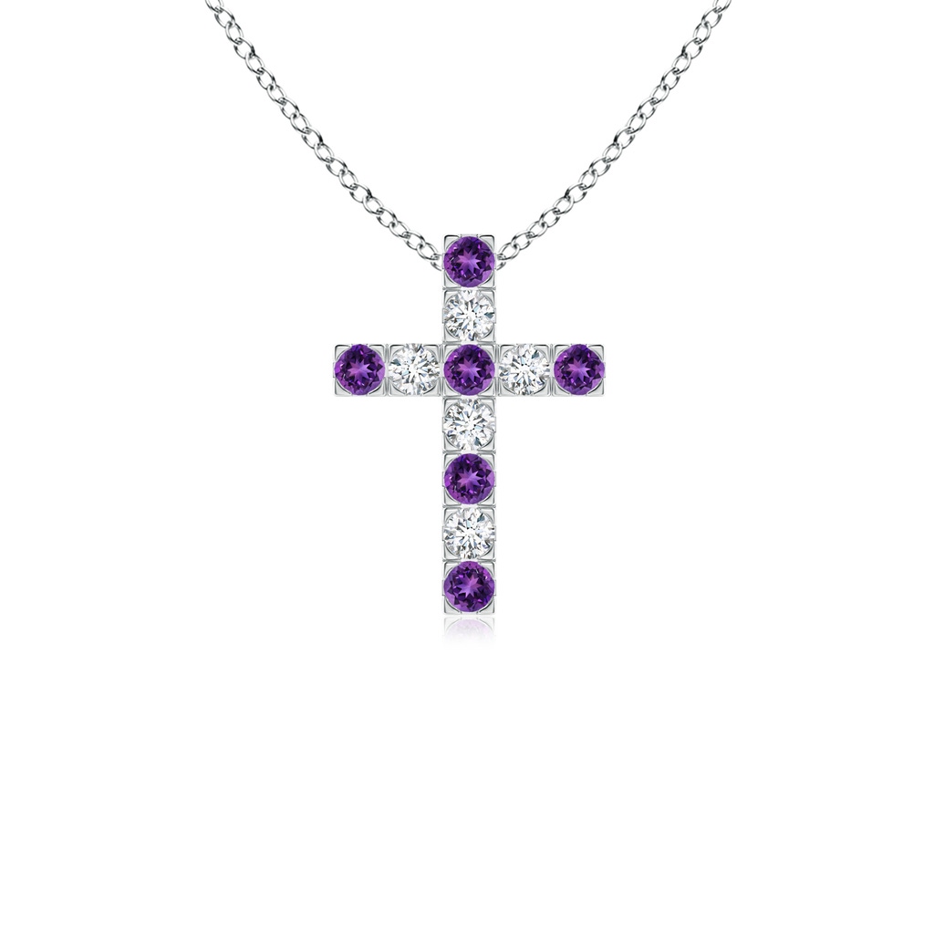 2mm AAAA Flat Prong-Set Amethyst and Diamond Cross Pendant in 18K White Gold