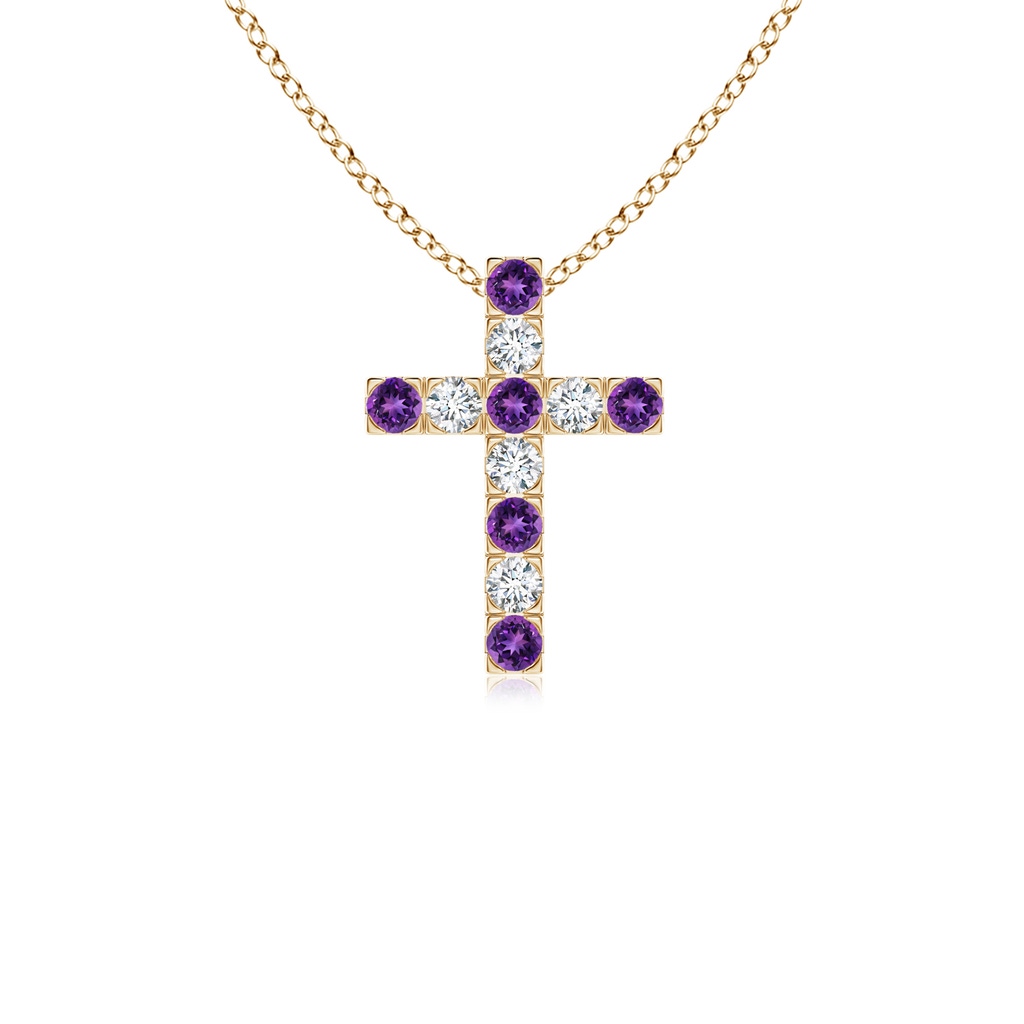 2mm AAAA Flat Prong-Set Amethyst and Diamond Cross Pendant in 18K Yellow Gold
