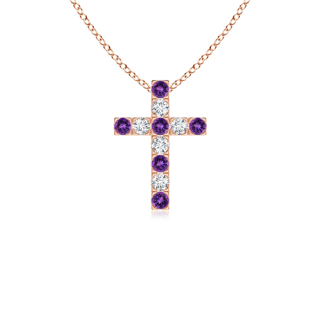 2mm AAAA Flat Prong-Set Amethyst and Diamond Cross Pendant in Rose Gold