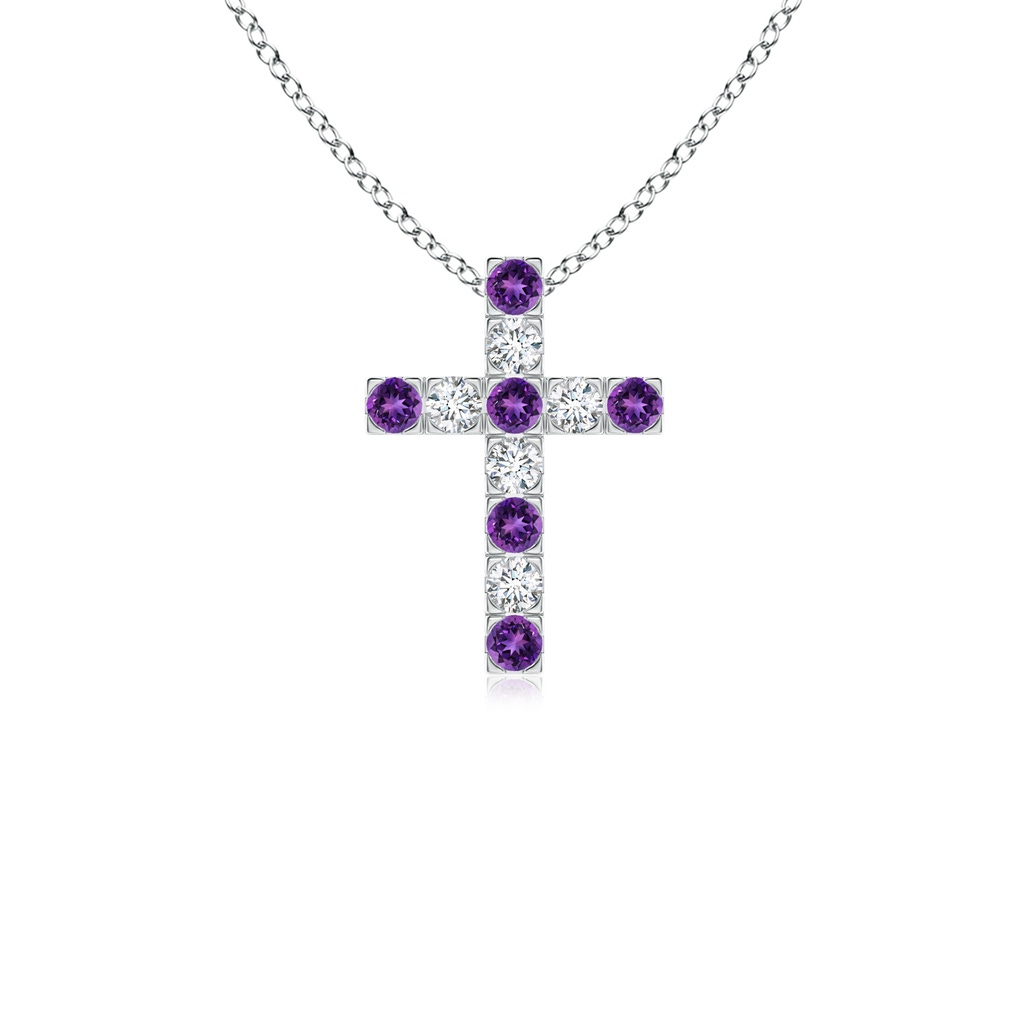 2mm AAAA Flat Prong-Set Amethyst and Diamond Cross Pendant in White Gold