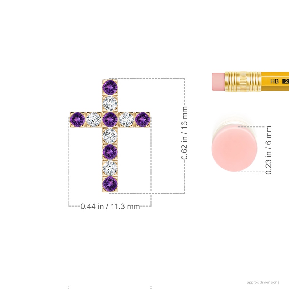 2mm AAAA Flat Prong-Set Amethyst and Diamond Cross Pendant in Yellow Gold ruler