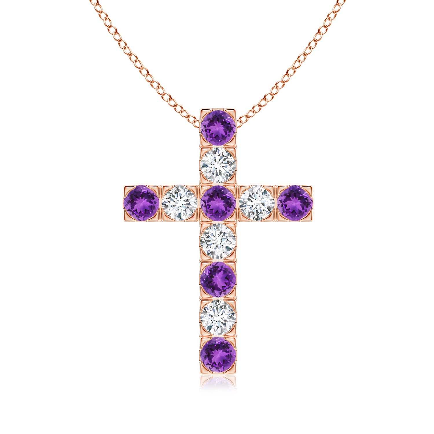 3mm AAA Flat Prong-Set Amethyst and Diamond Cross Pendant in 18CT Rose Gold