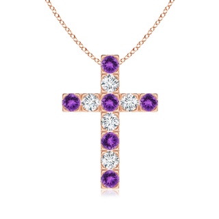 3mm AAA Flat Prong-Set Amethyst and Diamond Cross Pendant in 18K Rose Gold