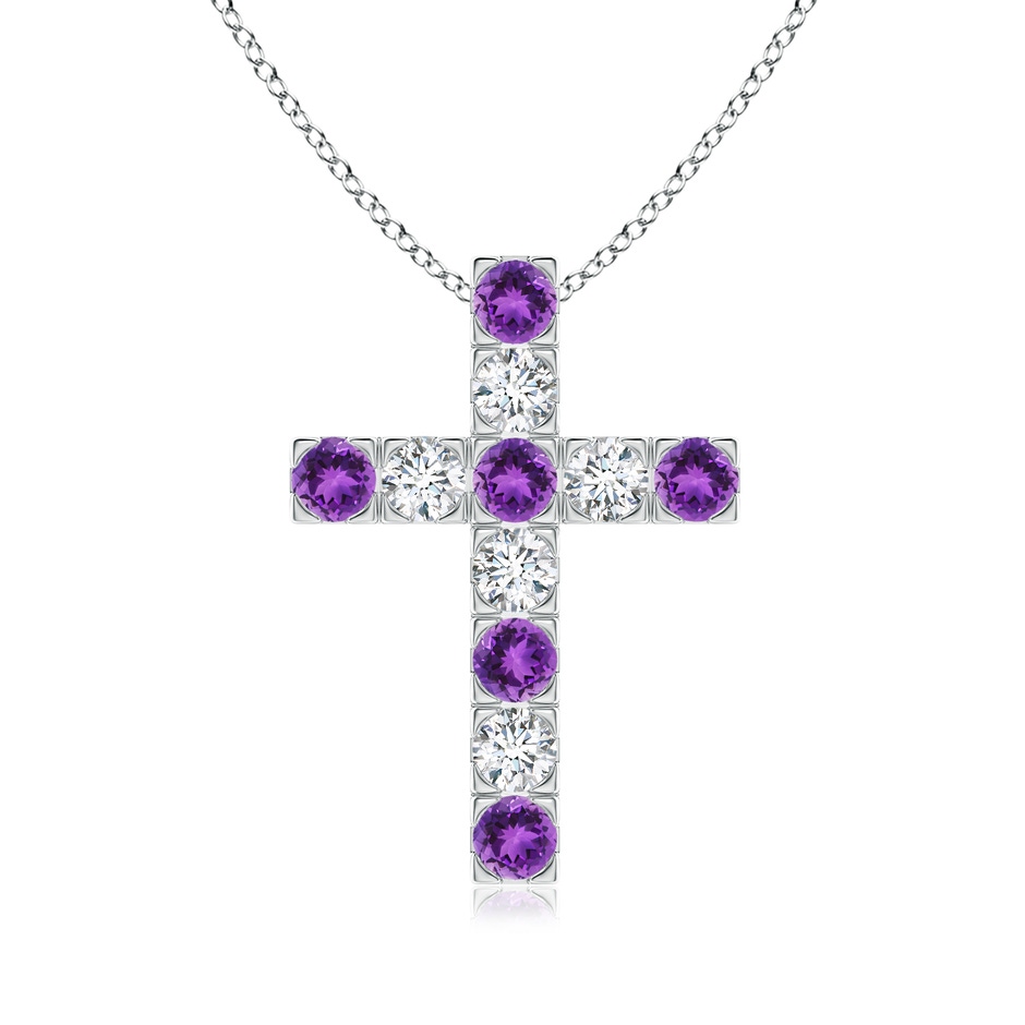 3mm AAA Flat Prong-Set Amethyst and Diamond Cross Pendant in White Gold 