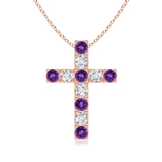 3mm AAAA Flat Prong-Set Amethyst and Diamond Cross Pendant in Rose Gold