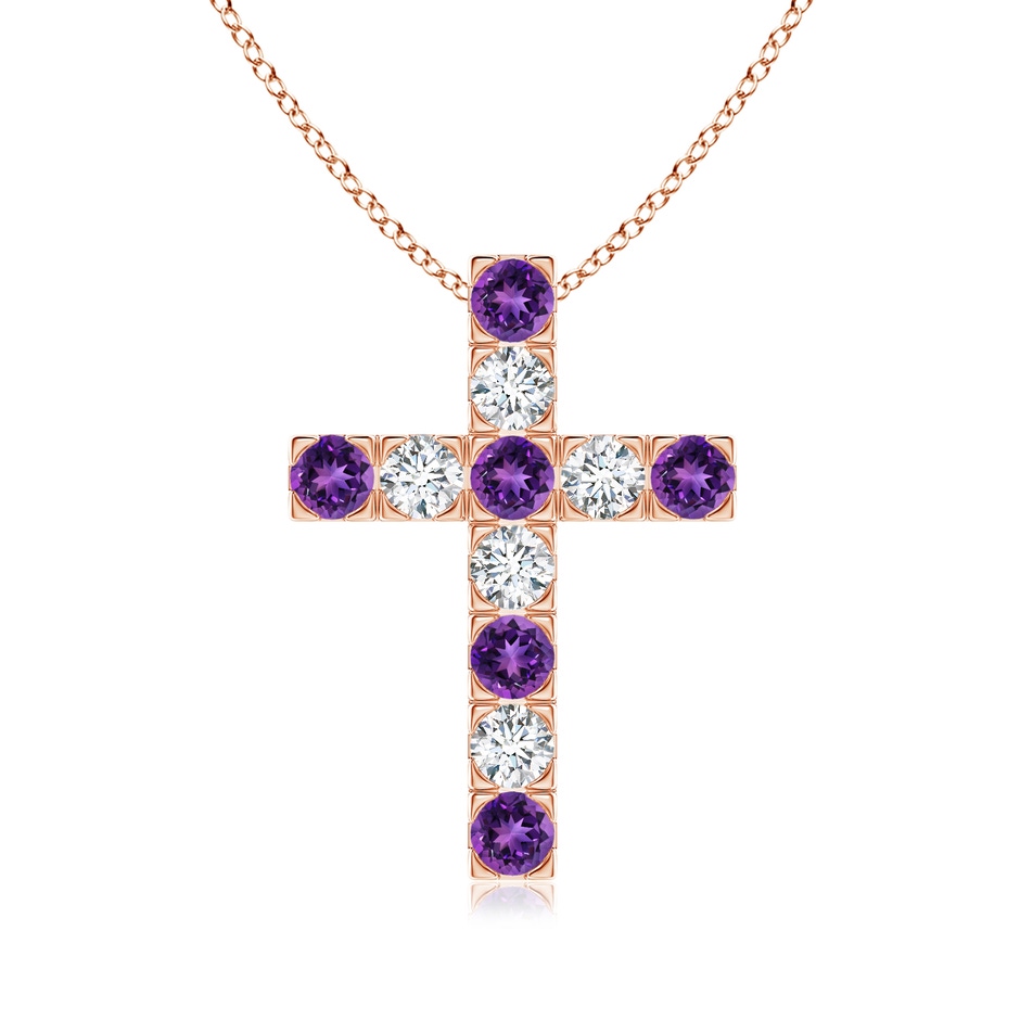 3mm AAAA Flat Prong-Set Amethyst and Diamond Cross Pendant in Rose Gold 