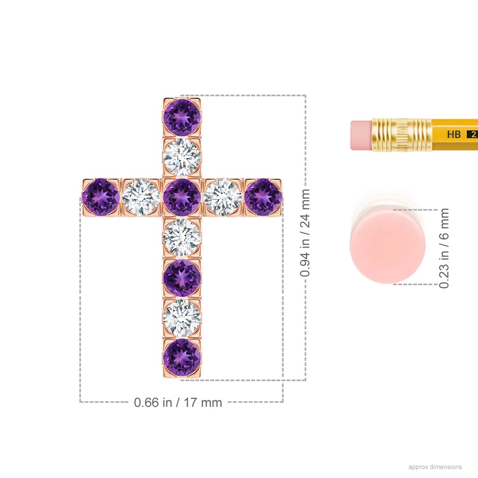 3mm AAAA Flat Prong-Set Amethyst and Diamond Cross Pendant in Rose Gold ruler
