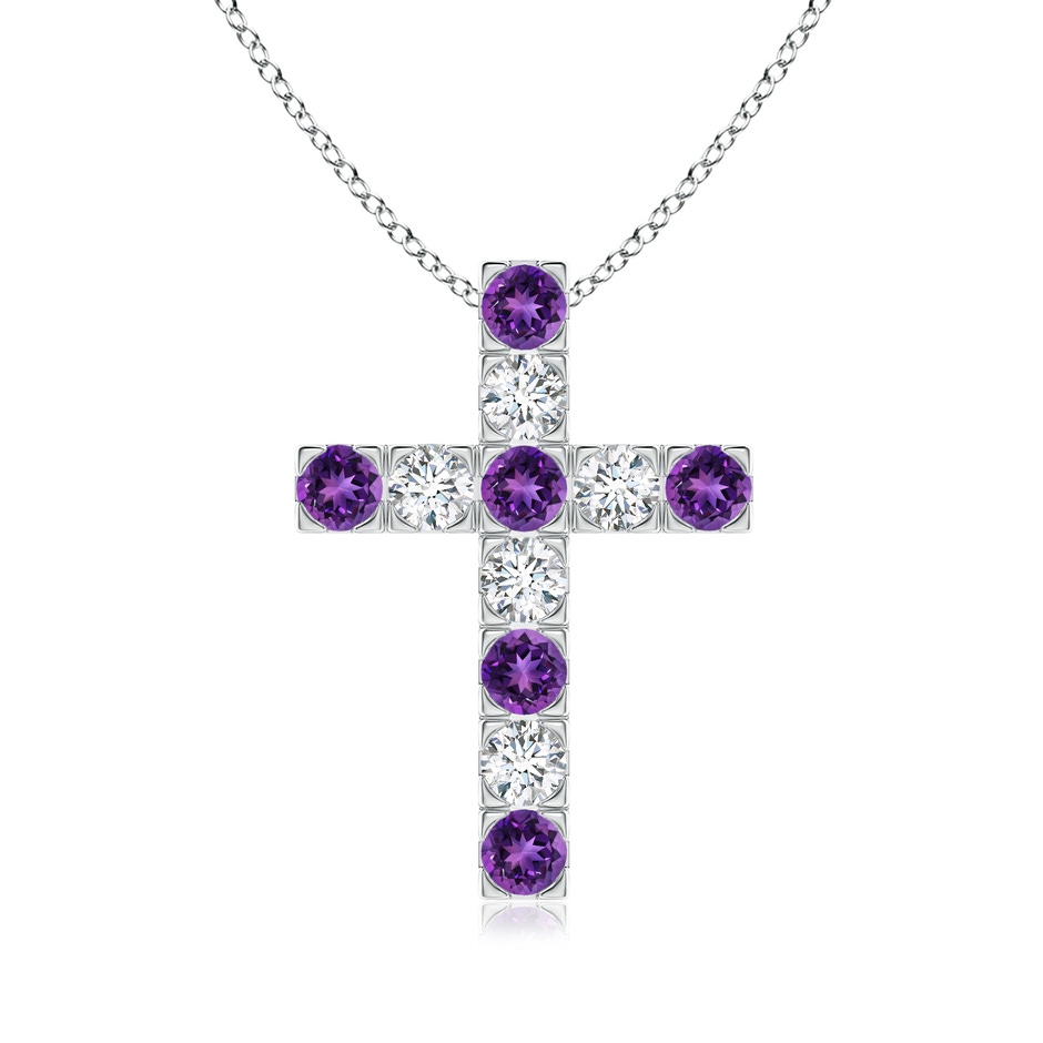 3mm AAAA Flat Prong-Set Amethyst and Diamond Cross Pendant in White Gold 