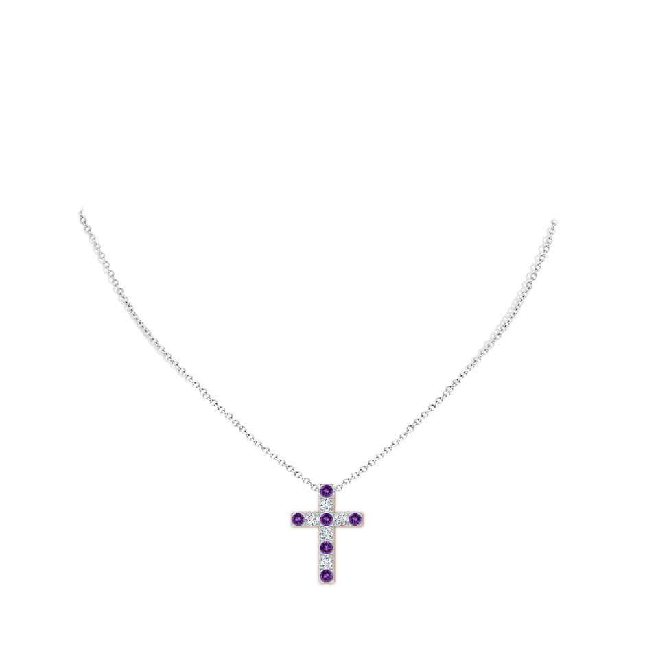 3mm AAAA Flat Prong-Set Amethyst and Diamond Cross Pendant in White Gold pen