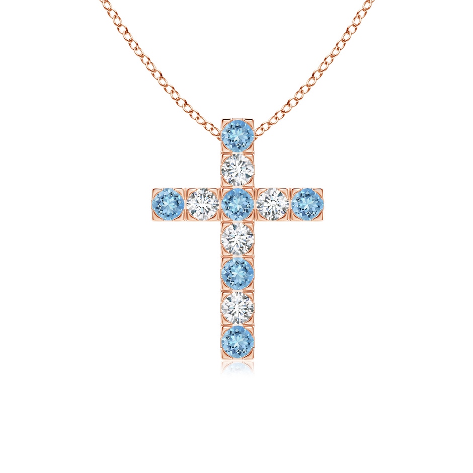 2.5mm AAAA Flat Prong-Set Aquamarine and Diamond Cross Pendant in Rose Gold 