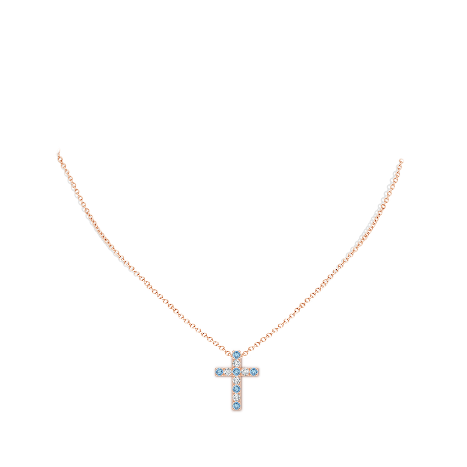 2.5mm AAAA Flat Prong-Set Aquamarine and Diamond Cross Pendant in Rose Gold body-neck