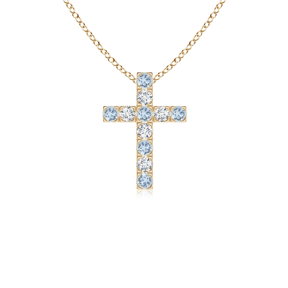 2mm A Flat Prong-Set Aquamarine and Diamond Cross Pendant in Yellow Gold 