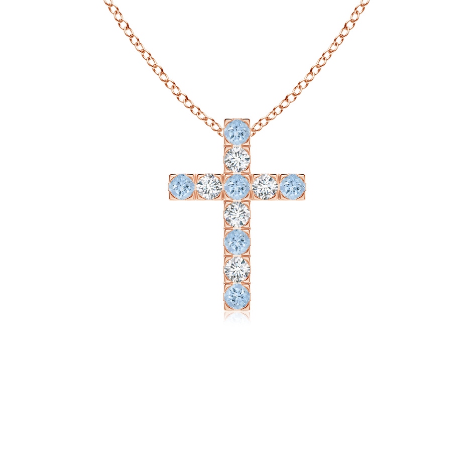 2mm AA Flat Prong-Set Aquamarine and Diamond Cross Pendant in 9K Rose Gold 