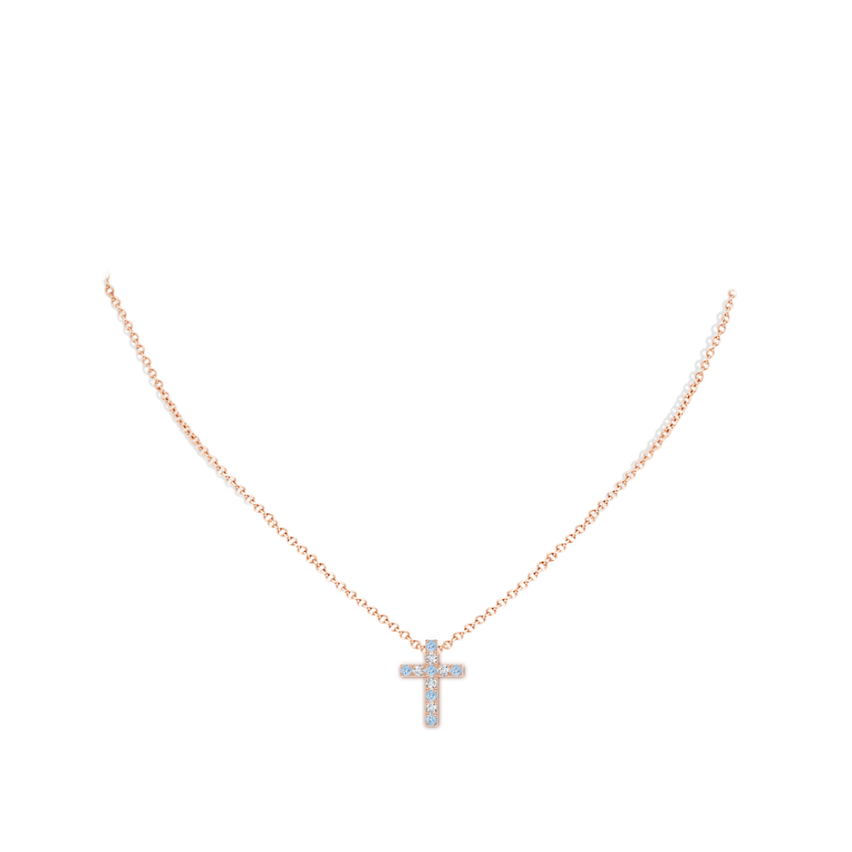 2mm AA Flat Prong-Set Aquamarine and Diamond Cross Pendant in 9K Rose Gold pen