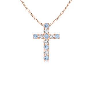 2mm AA Flat Prong-Set Aquamarine and Diamond Cross Pendant in Rose Gold