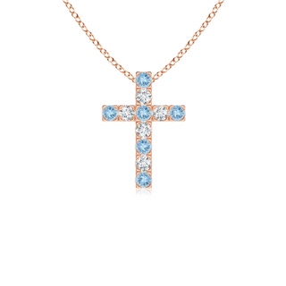 2mm AAA Flat Prong-Set Aquamarine and Diamond Cross Pendant in Rose Gold