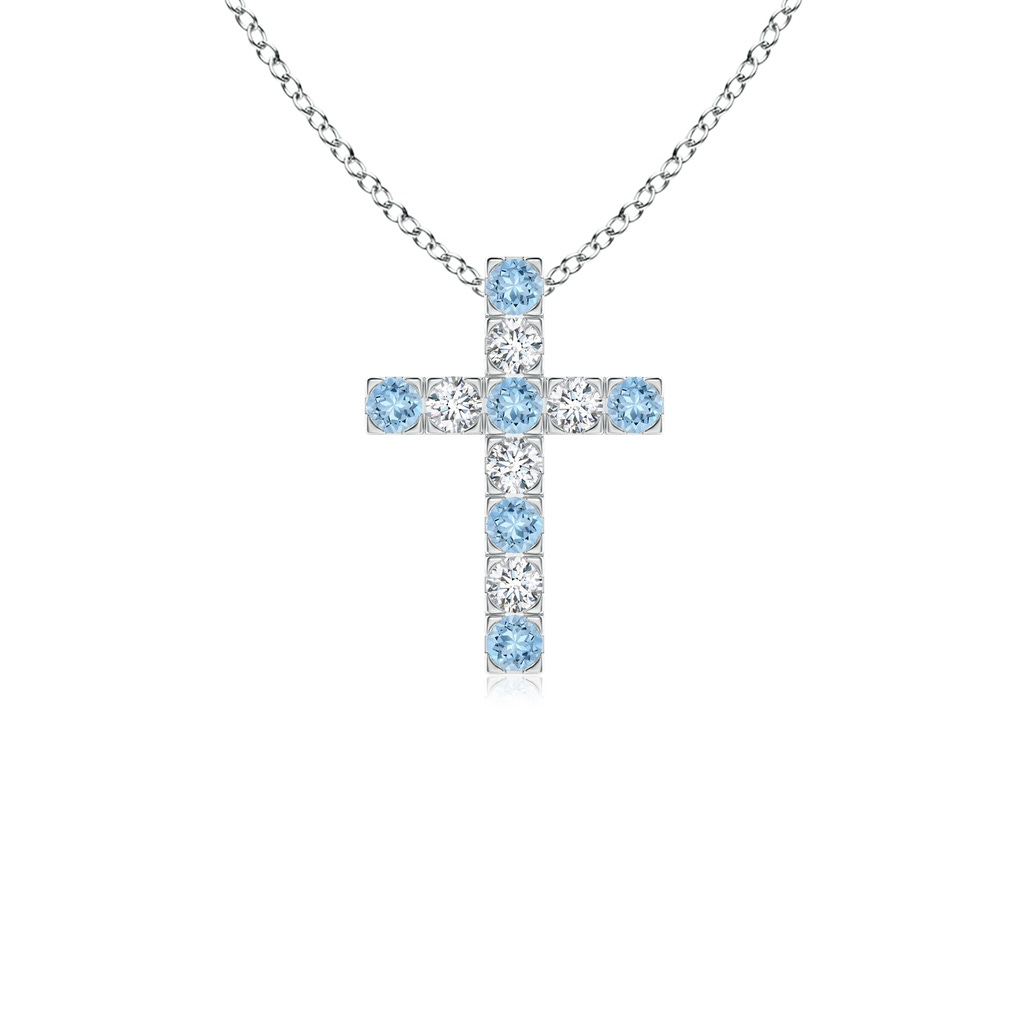 2mm AAA Flat Prong-Set Aquamarine and Diamond Cross Pendant in White Gold