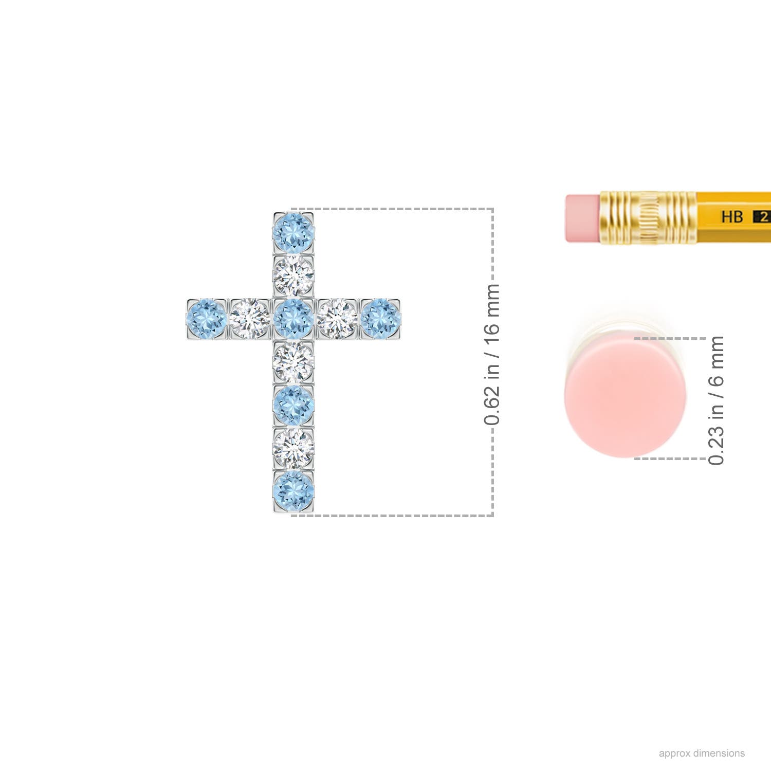 2mm AAA Flat Prong-Set Aquamarine and Diamond Cross Pendant in White Gold - ruler