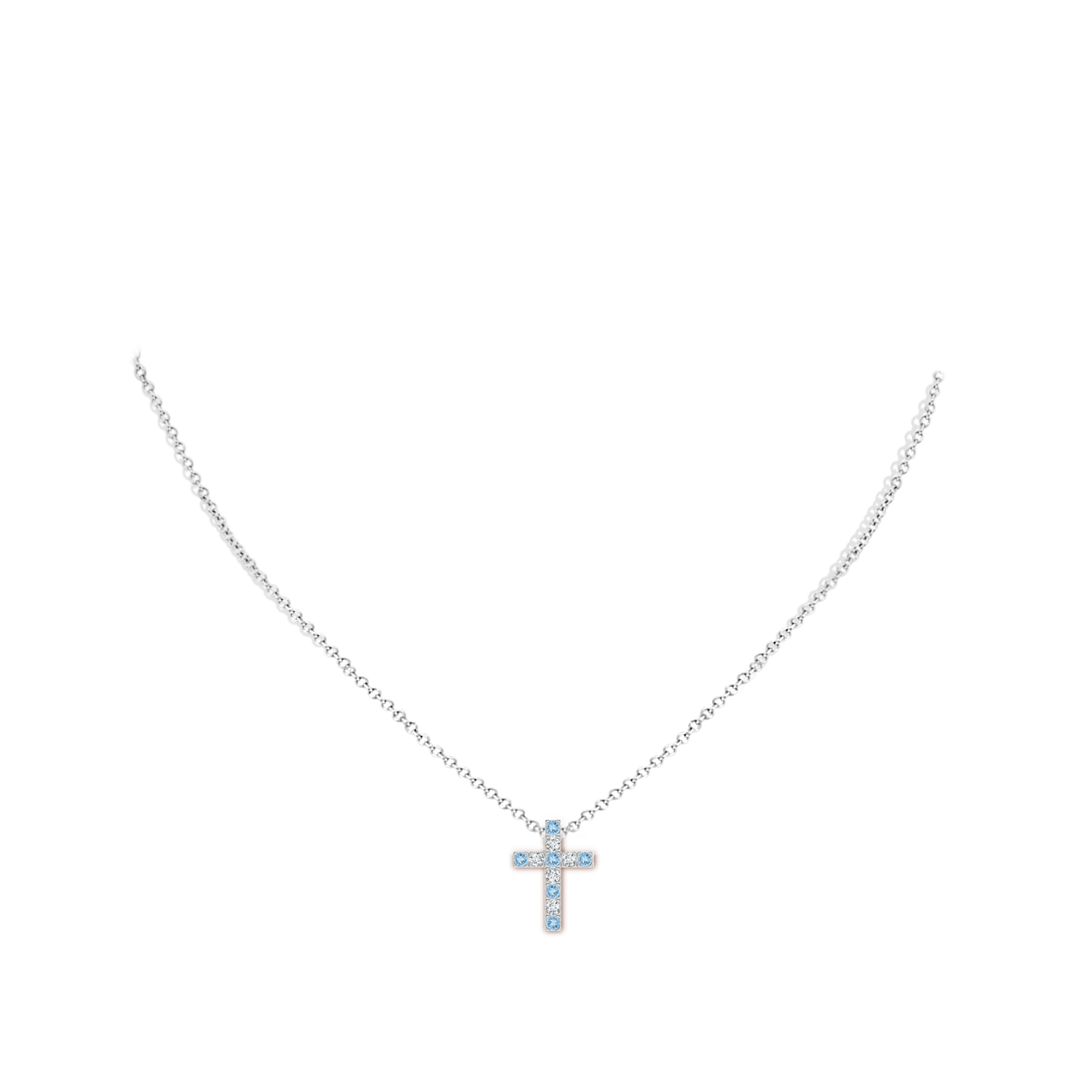 2mm AAA Flat Prong-Set Aquamarine and Diamond Cross Pendant in White Gold - body_neck