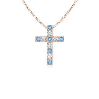 2mm AAAA Flat Prong-Set Aquamarine and Diamond Cross Pendant in 9K Rose Gold