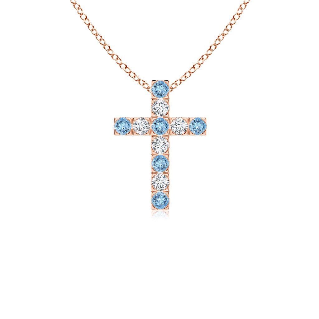 2mm AAAA Flat Prong-Set Aquamarine and Diamond Cross Pendant in Rose Gold