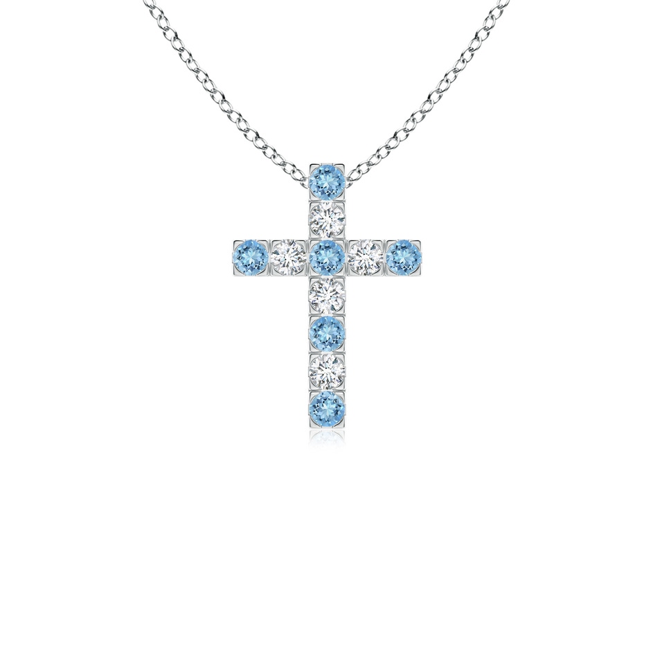 2mm AAAA Flat Prong-Set Aquamarine and Diamond Cross Pendant in White Gold 