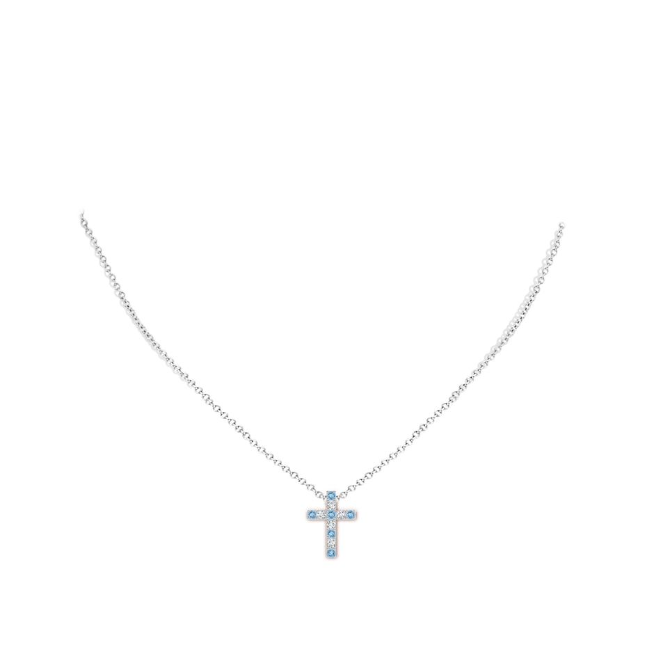 2mm AAAA Flat Prong-Set Aquamarine and Diamond Cross Pendant in White Gold body-neck