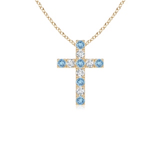 2mm AAAA Flat Prong-Set Aquamarine and Diamond Cross Pendant in Yellow Gold