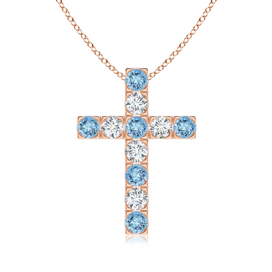 3mm AAAA Flat Prong-Set Aquamarine and Diamond Cross Pendant in Rose Gold 