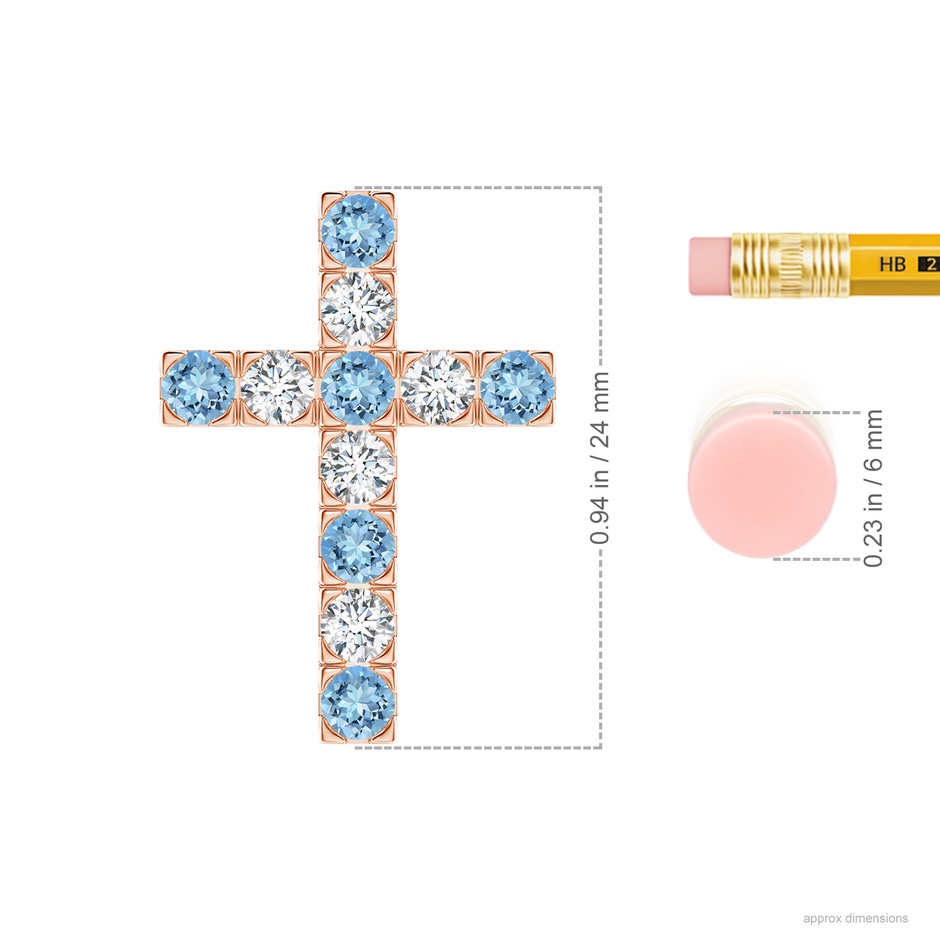 3mm AAAA Flat Prong-Set Aquamarine and Diamond Cross Pendant in Rose Gold ruler