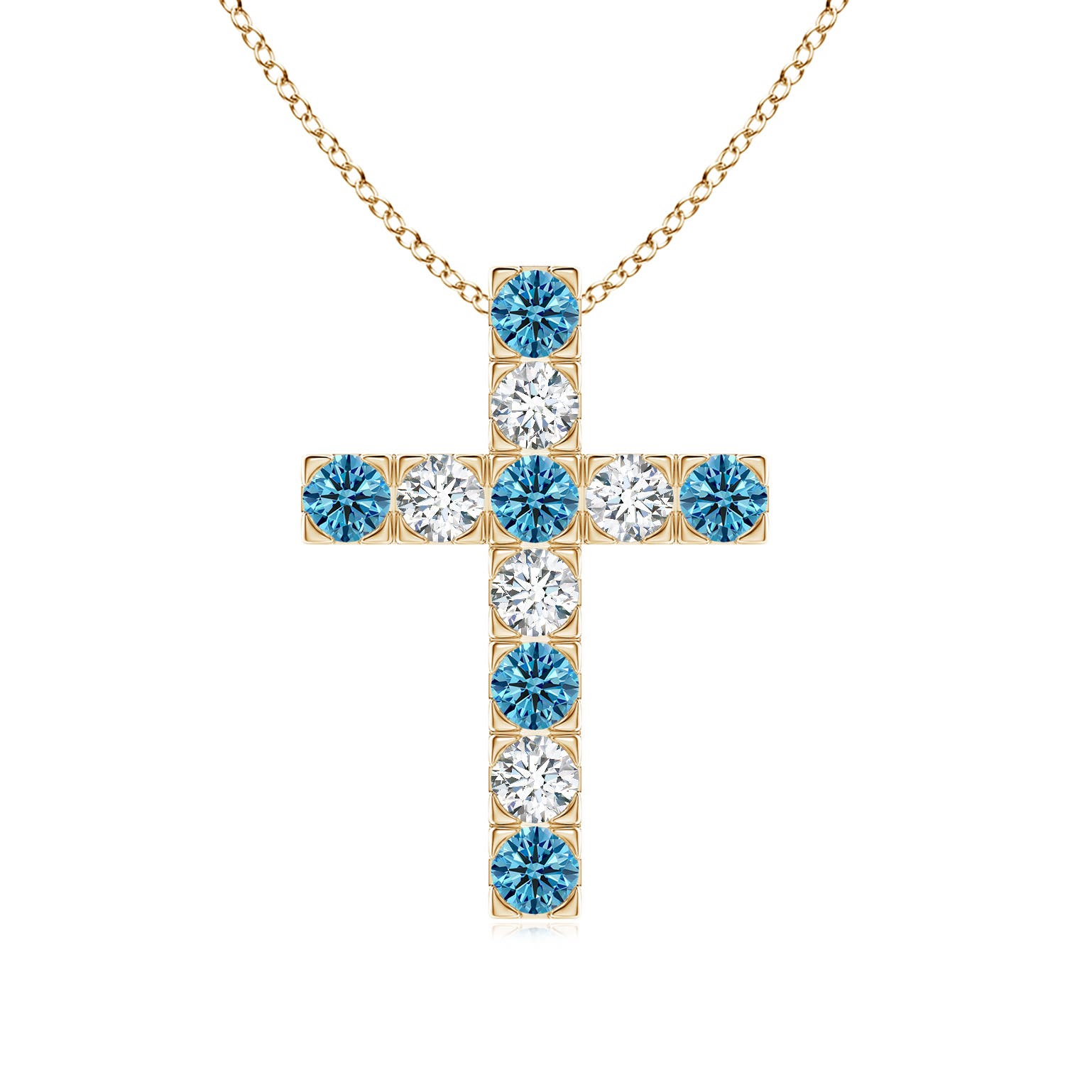 Angara 1.16 CTW Flat Prong-Set Fancy Intense Blue and White Diamond Cross Pendant in 18K Yellow Gold