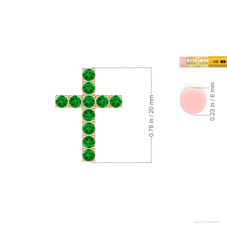 2.5mm AAAA Flat Prong-Set Emerald Cross Pendant in Yellow Gold ruler