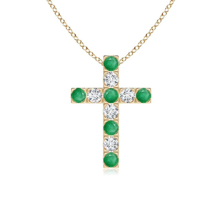 2.5mm A Flat Prong-Set Emerald and Diamond Cross Pendant in Yellow Gold 