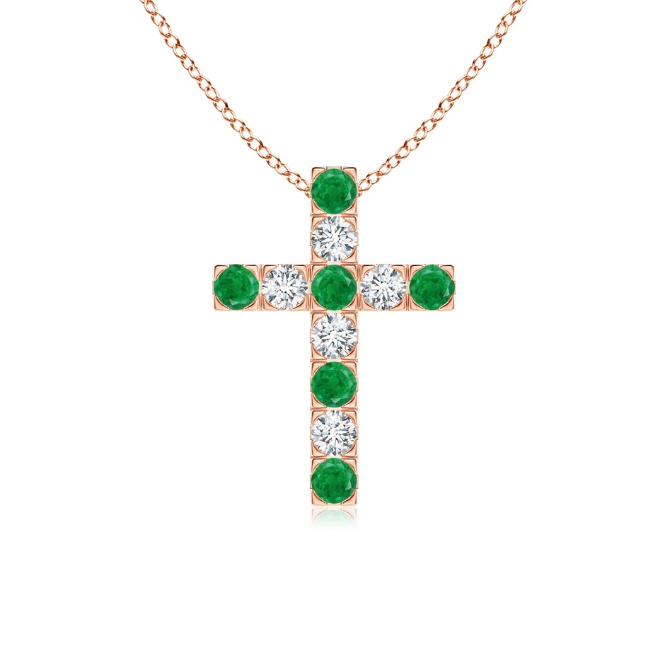 2.5mm AA Flat Prong-Set Emerald and Diamond Cross Pendant in Rose Gold 