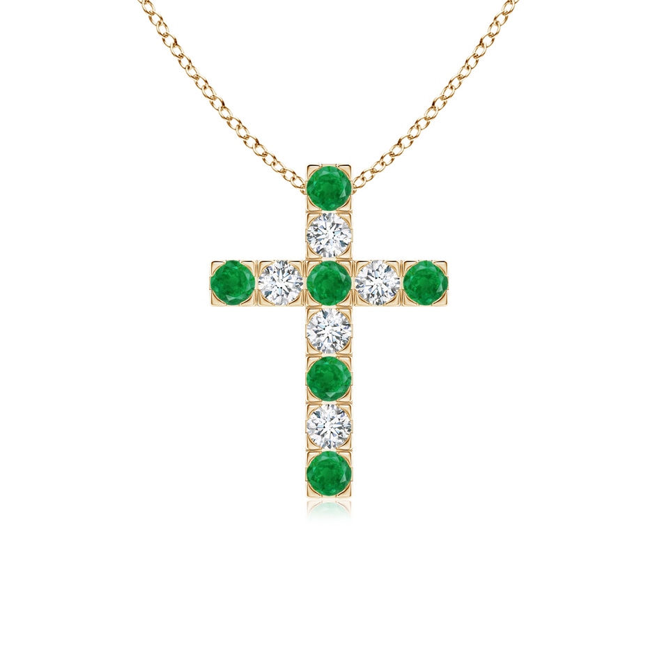 2.5mm AA Flat Prong-Set Emerald and Diamond Cross Pendant in Yellow Gold 