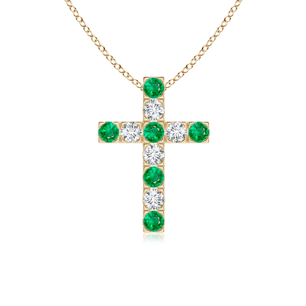 2.5mm AAA Flat Prong-Set Emerald and Diamond Cross Pendant in 10K Yellow Gold