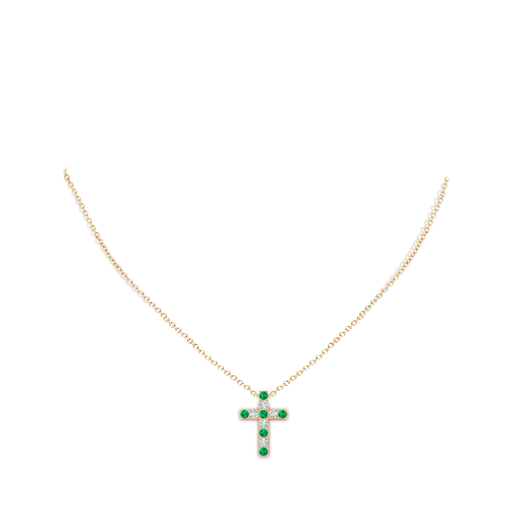 2.5mm AAA Flat Prong-Set Emerald and Diamond Cross Pendant in 10K Yellow Gold Body-Neck