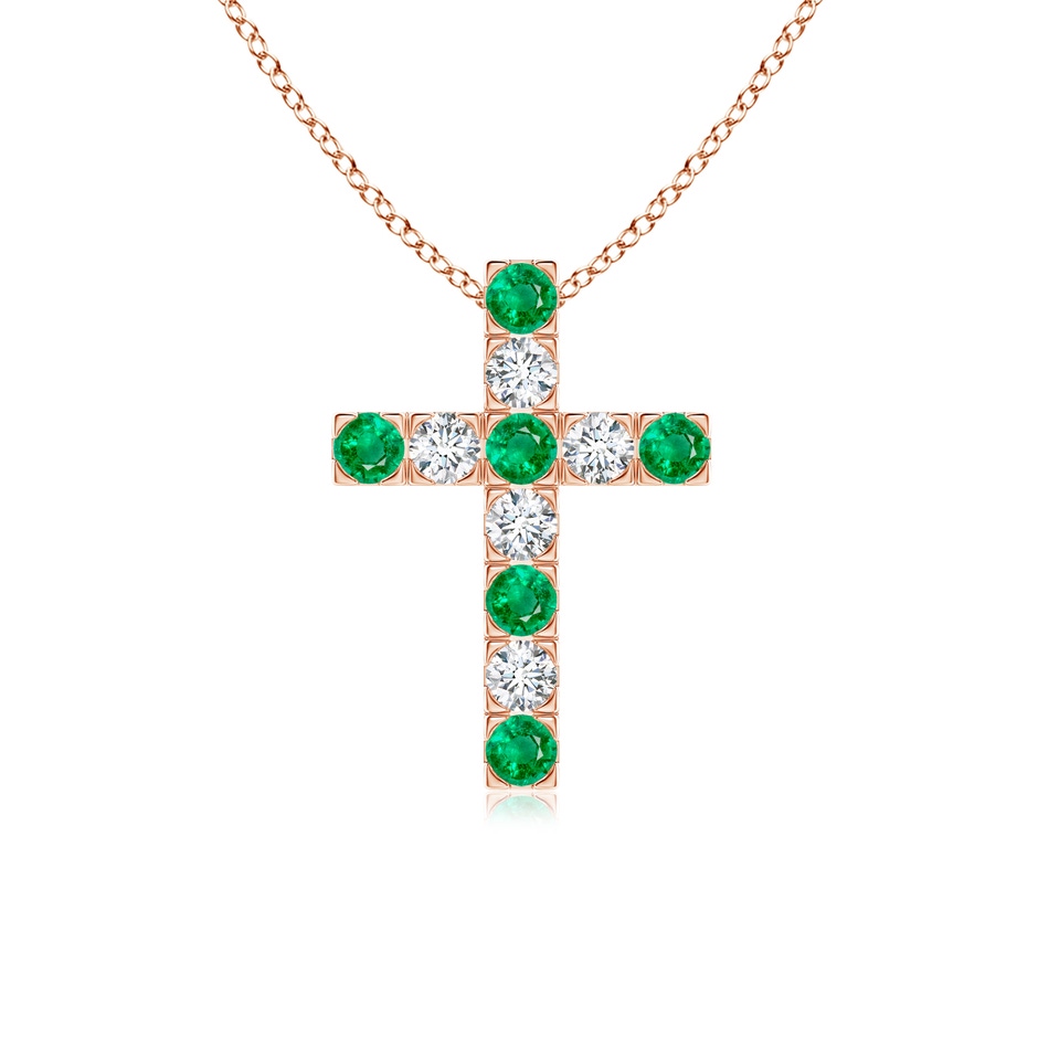 2.5mm AAA Flat Prong-Set Emerald and Diamond Cross Pendant in Rose Gold 