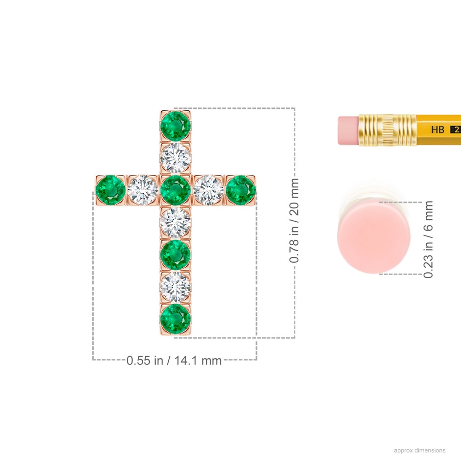 2.5mm AAA Flat Prong-Set Emerald and Diamond Cross Pendant in Rose Gold ruler