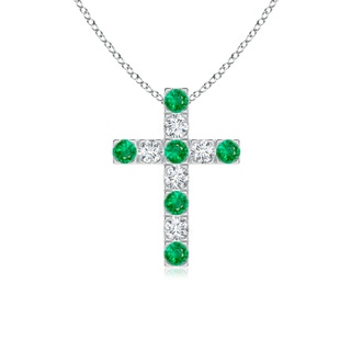 2.5mm AAA Flat Prong-Set Emerald and Diamond Cross Pendant in White Gold